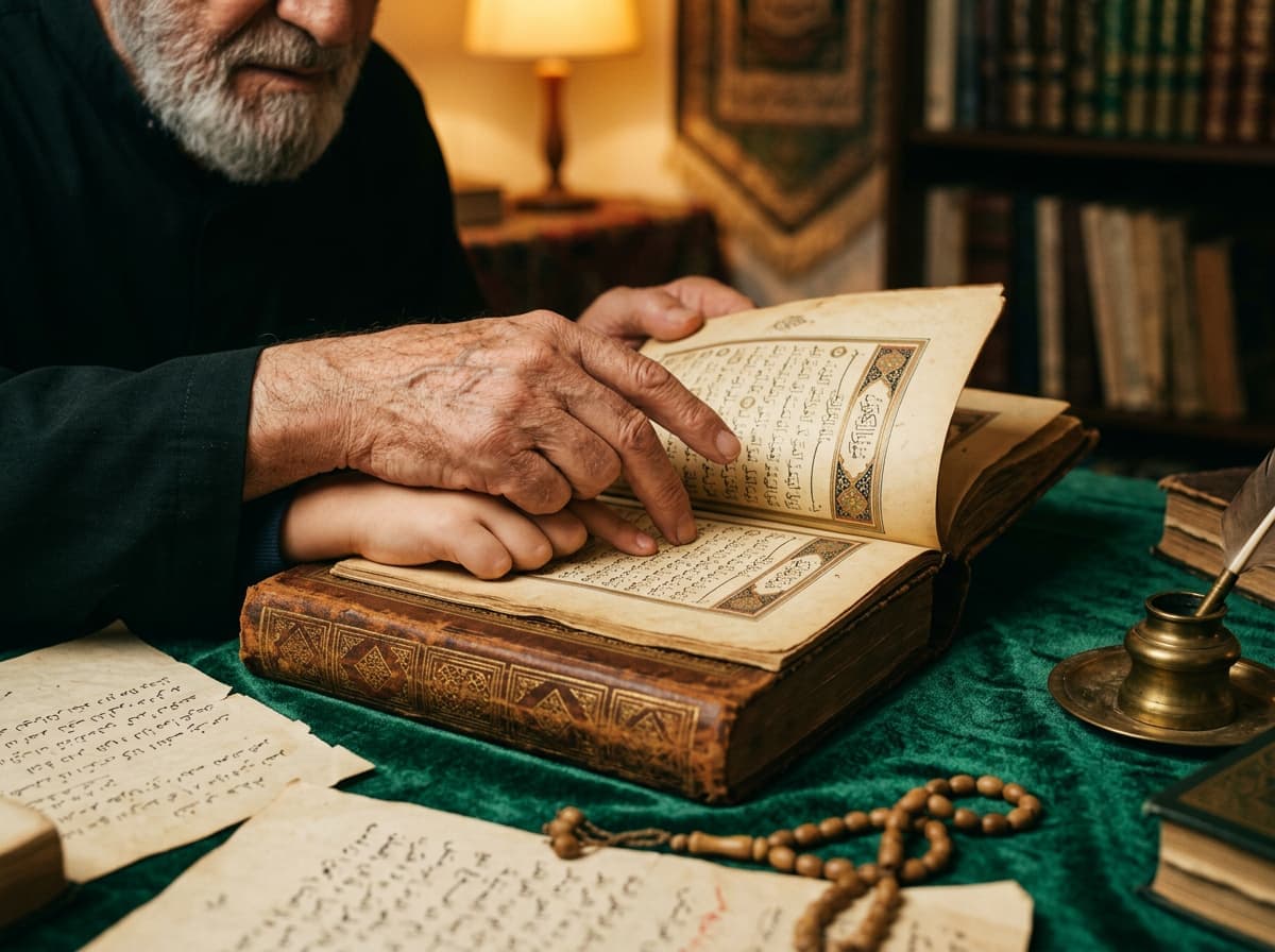 A teacher guiding a student's hand across the page of a Qur'an