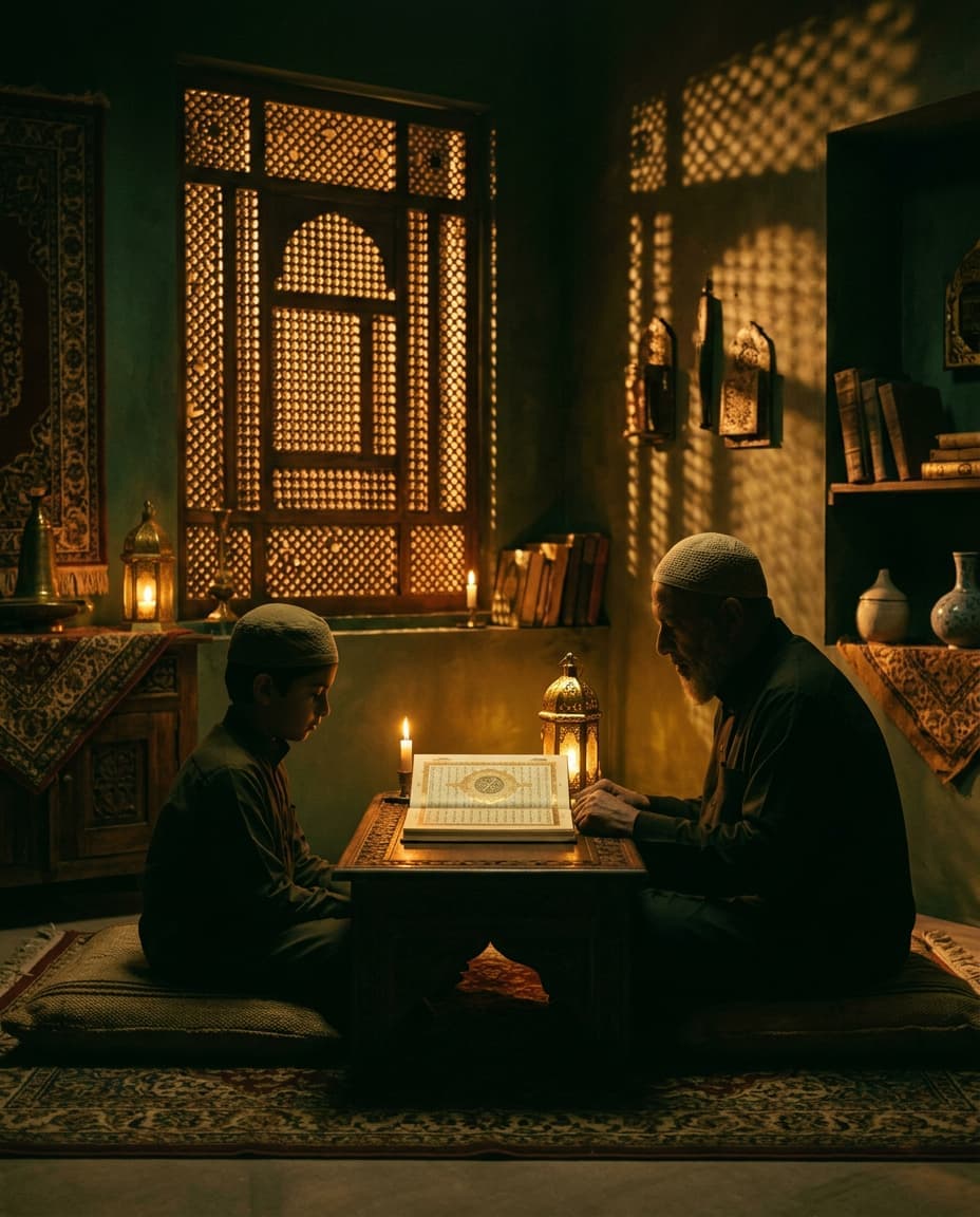 A teacher and student reading by candlelight